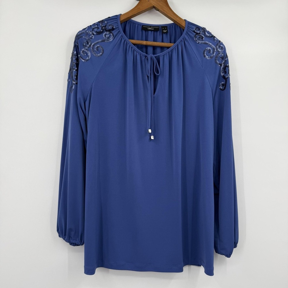 Susan Graver Artisan Tunic Blouse Womens XL Blue Sequin Round Neck Long Sleeve